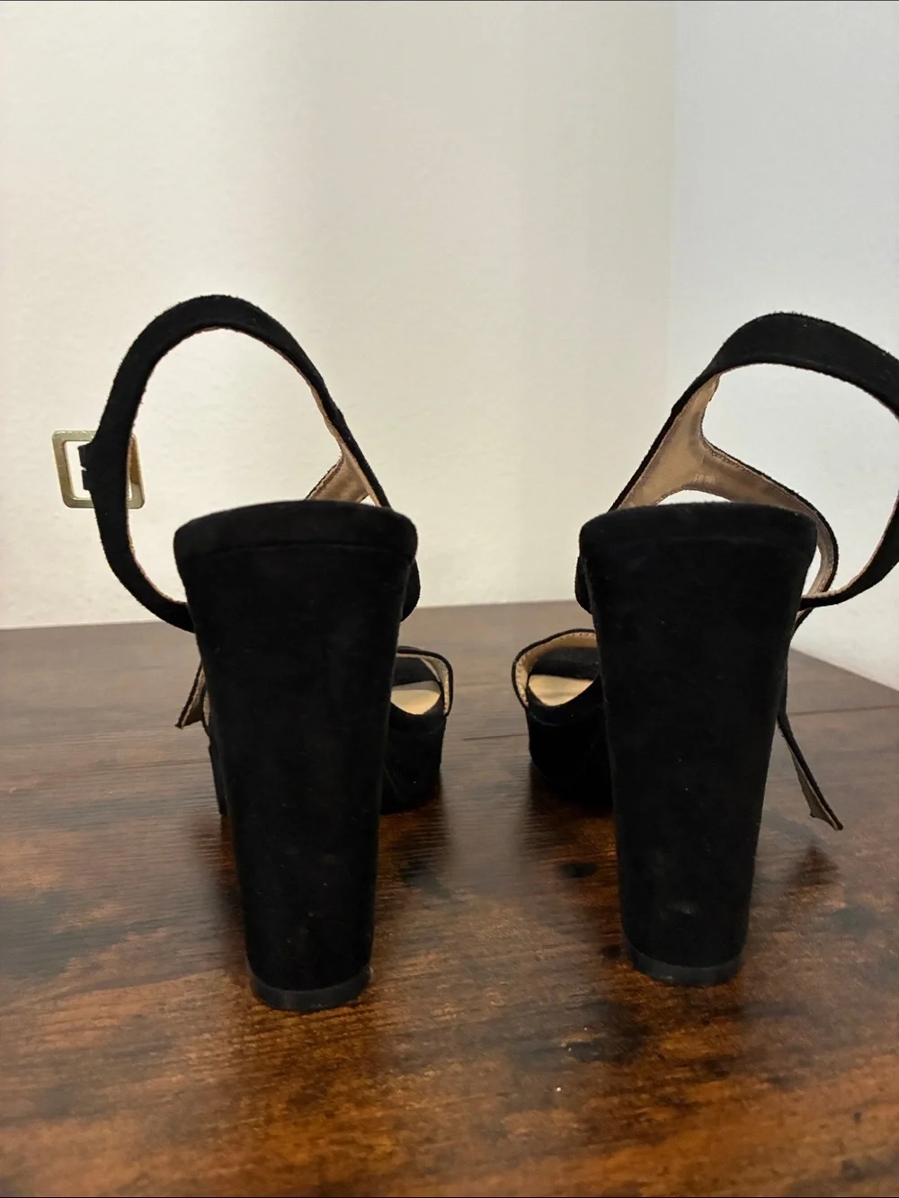 Black Platform Block Heel Sandals with Gold Buckles